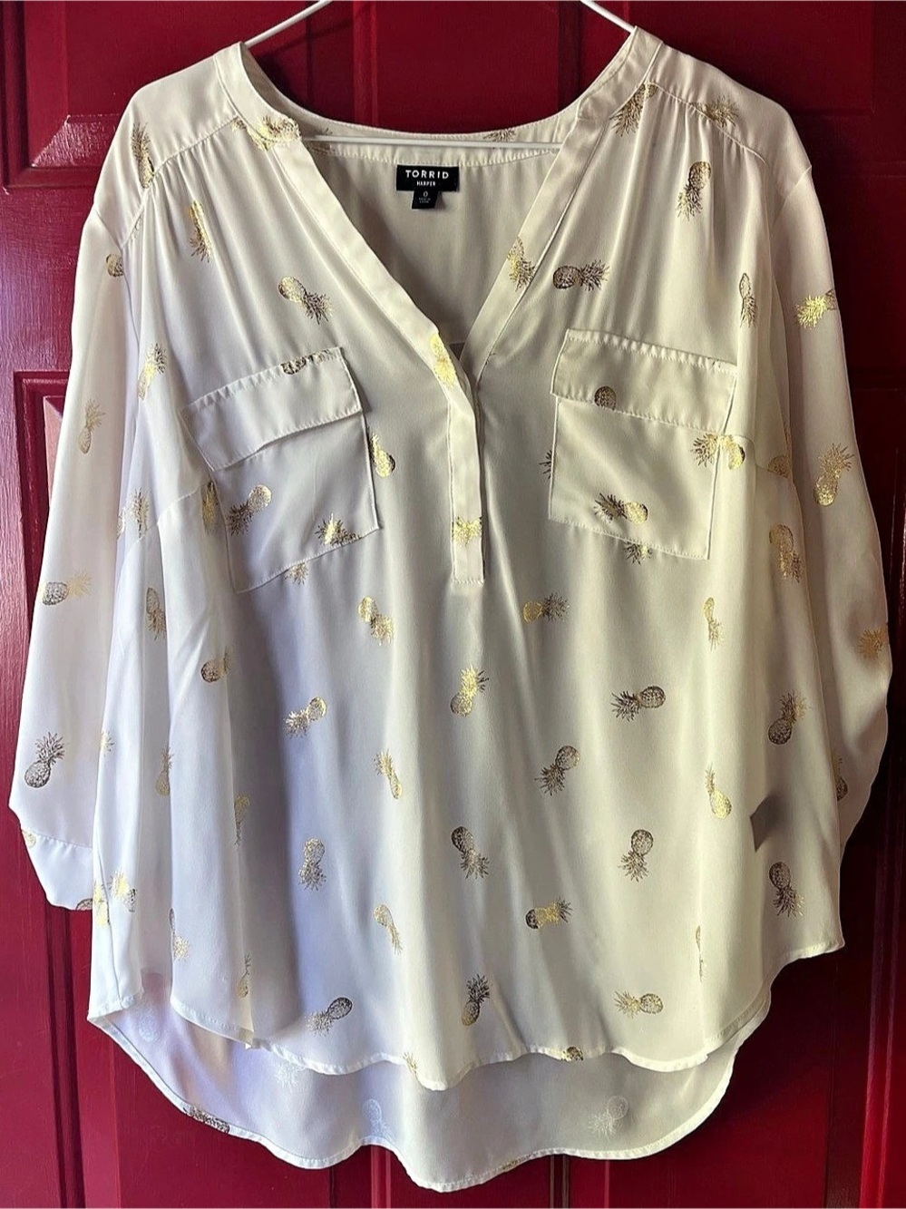 Torrid Harper Georgette 3/4 Sleeve Blouse Gold Print Cream Size 0
